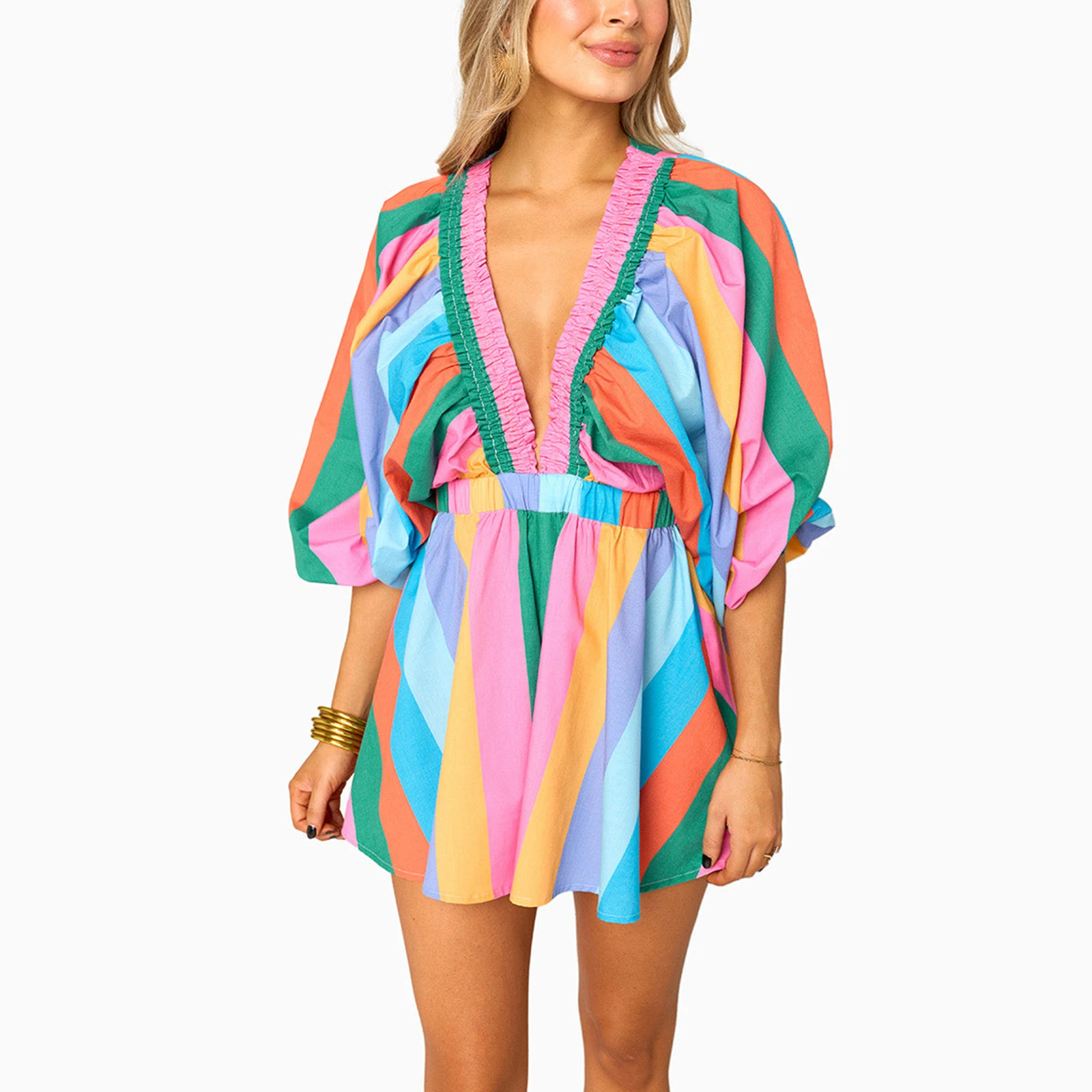 Комбинезон женский короткий в стиле бохо с длинным рукавом и V-образным вырезом