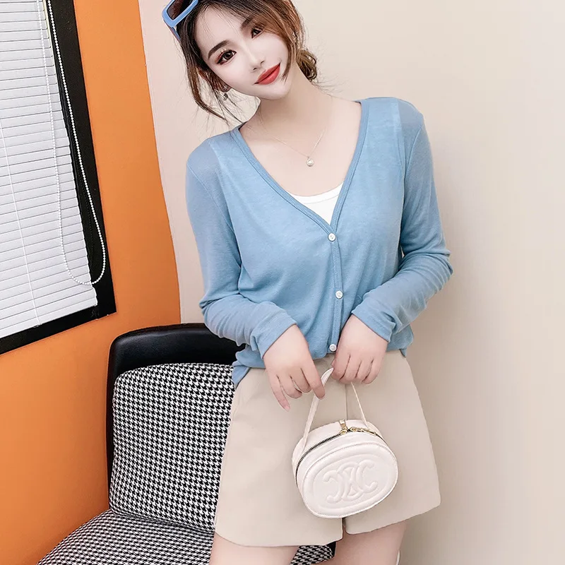 Корейский тонкий кардиган из тенсела Солнцезащитная Женская одежда с V-образным