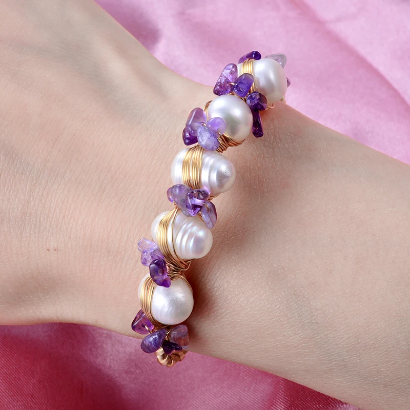 100% натуральный пресноводный жемчуг и Фиолетовый Кристалл 14K позолоченный
