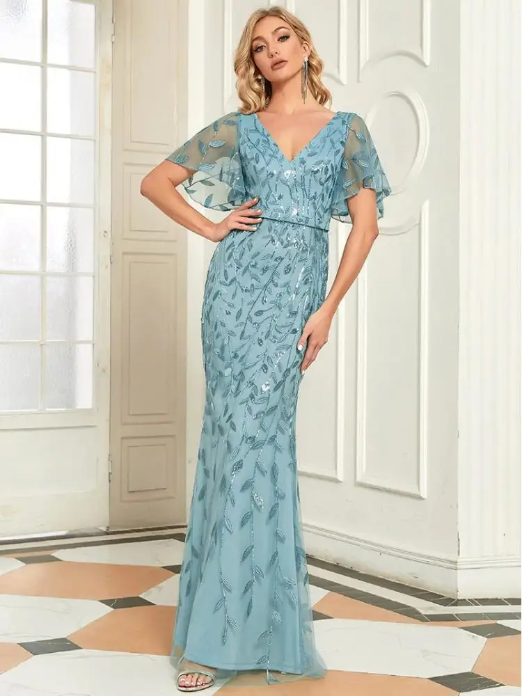

Elegant Evening Dresses Long Lace V-neck Mermaid Short Slee 2022 Ever Pretty Dusty Blue Simple Backless Bridesmaid dress Women