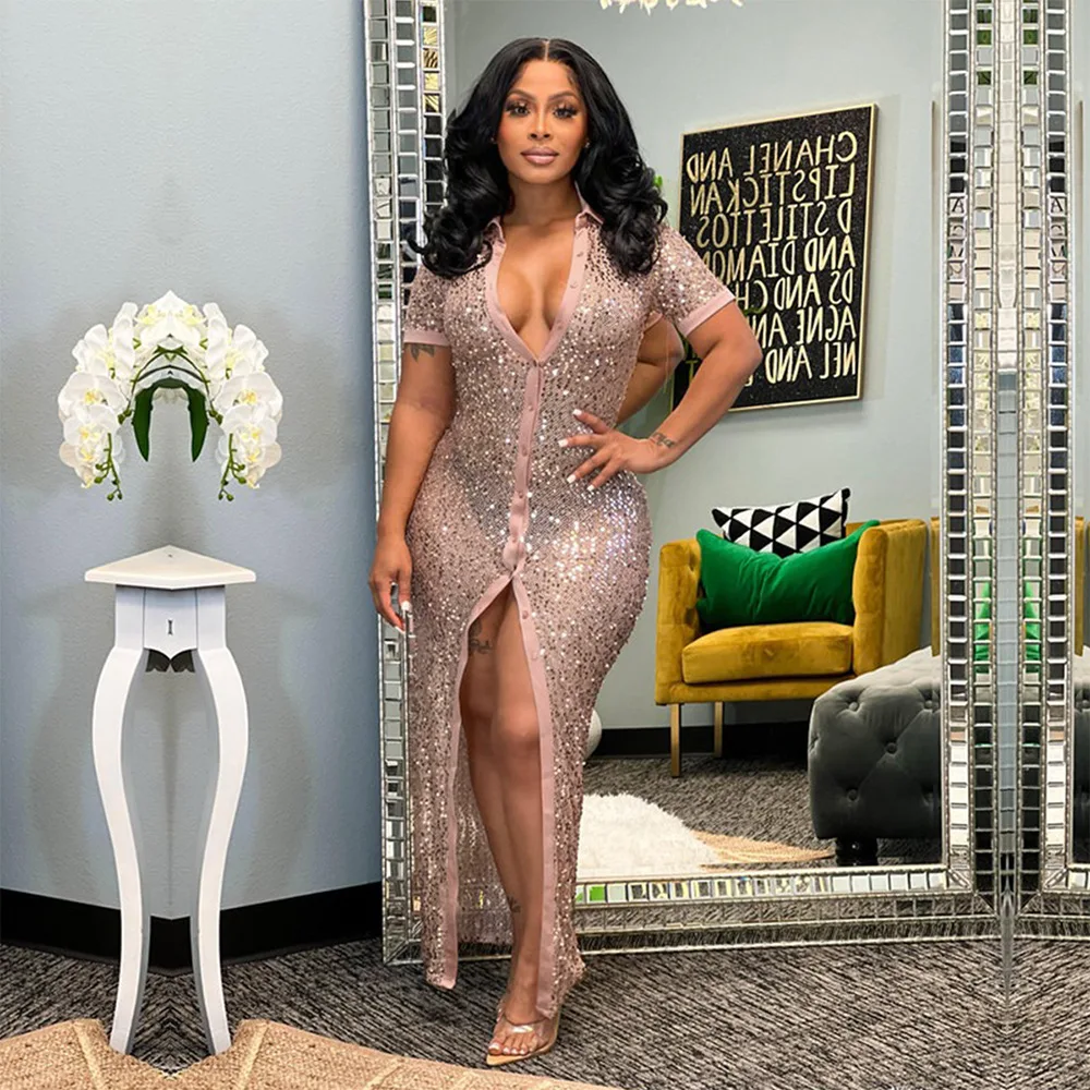 

Женское однобортное платье-макси с блестками, облегающее длинное вечернее платье с отложным воротником и коротким рукавом, Сексуальные клу...