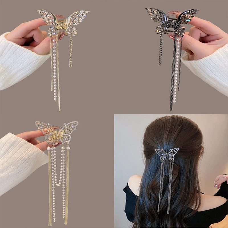 

Новинка 2023, заколка-краб с жемчугом и бабочкой, аксессуары для волос для девочек
