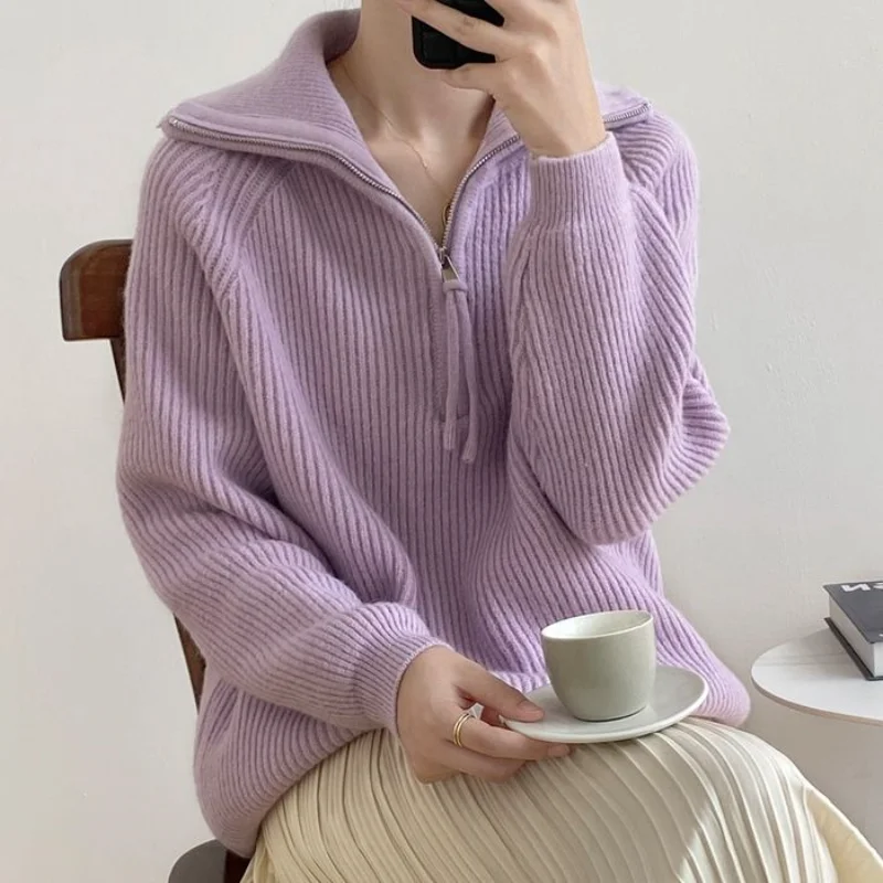 

New Women's Turtleneck Zipper Fashion Women's Sweater Pure Green Blue Pullover Long Sleeved Casual Knitted Sweater Women Winter
