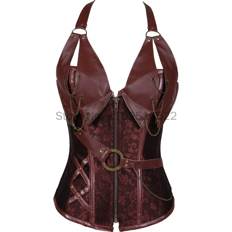 2023 Steampunk Clothing Women Corset Dress Black Brown Zipper Faux Leather Corset Halloween Medieval Viking Pirate Costume