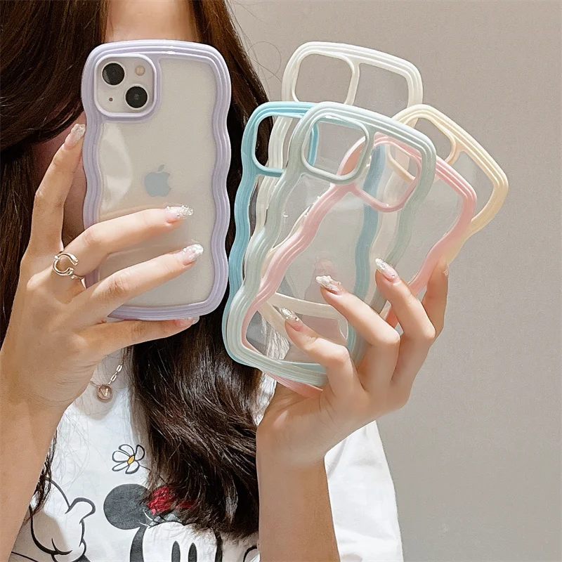 Korea Creative Funny Wavy Edge Transparent Phone Case For iPhone 13 12 11 Pro Max X XS XR Cute Camera Lens Protective Back Cover