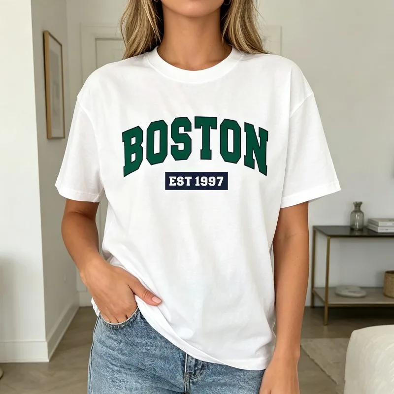 Фото Футболка Boston EST 1997 с графическим принтом, винтажная футболка с принтом города США, унисекс, повседневная футболка с короткими рукавами, футболка оверсайз №1