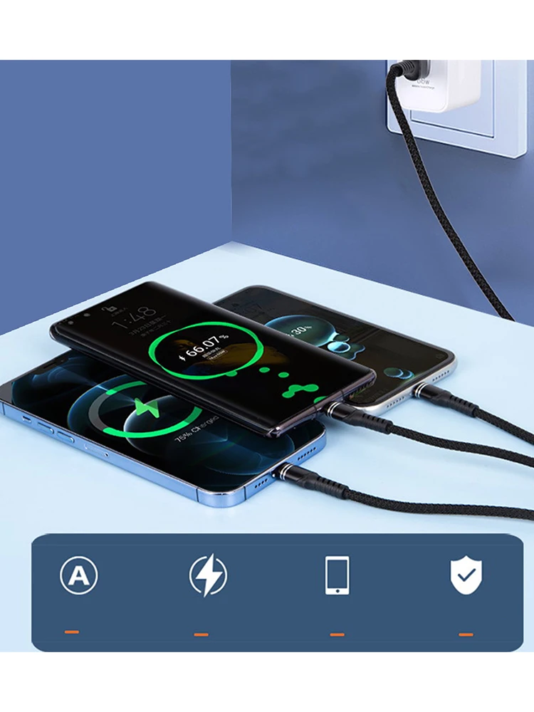 

3 In1 Data USB Cable For Phone Fast Charger Charging Cable For Android Phone Type C Charger Wire 1.2m 6A Type C Cable For Pad