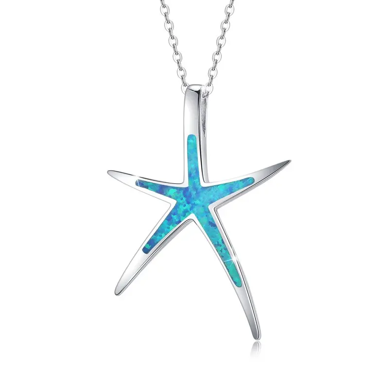 

Starfish Necklace 925 Sterling Silver Blue Opal Pendant Necklaces with 18'' Chain 18K White Gold Plated Hypoallergenic Fashion J