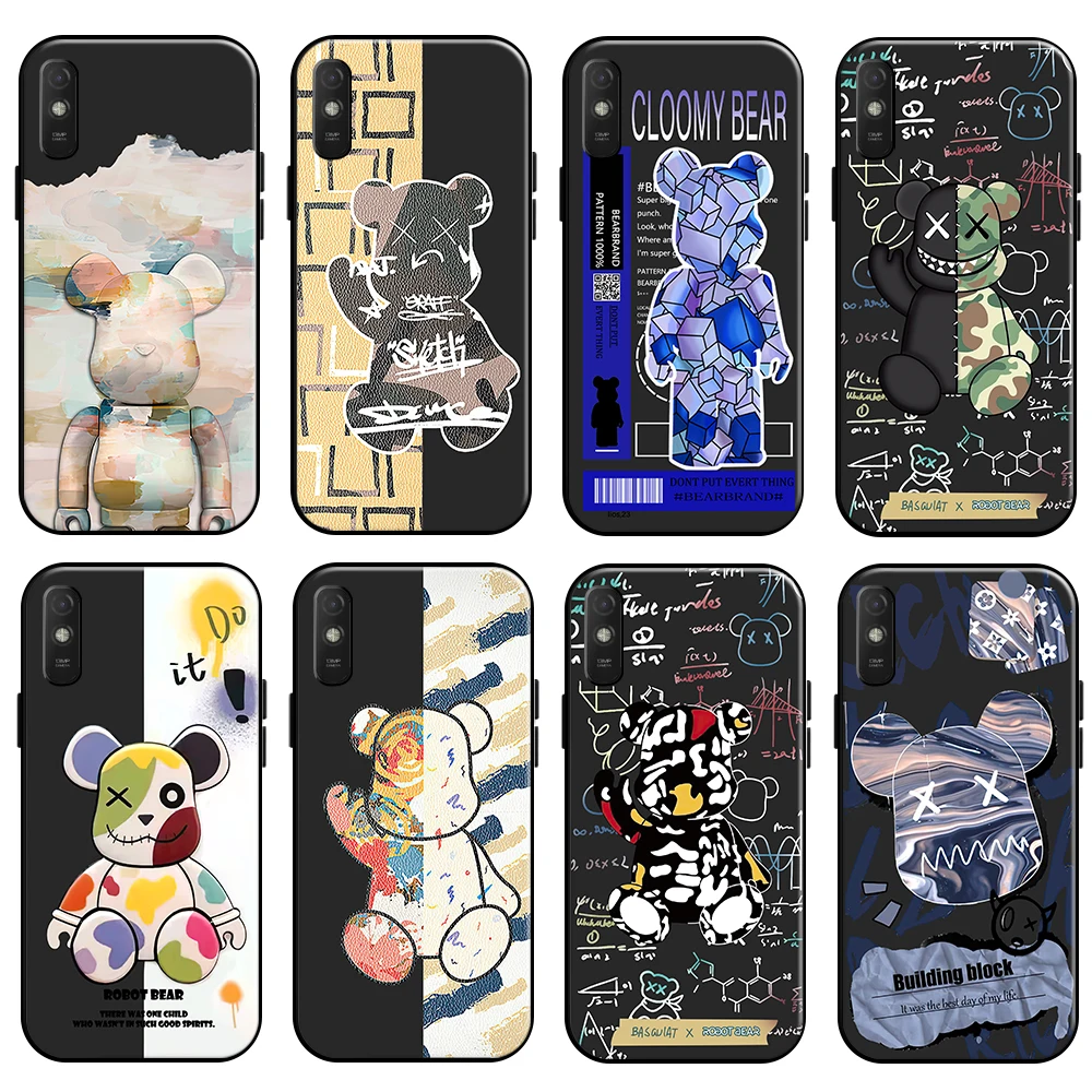 

Luxury Fashion Cool Bear Phone Case For Xiaomi Redmi 9A For Redmi 9AT Case Liquid Silicon TPU Black Soft Funda Silicone Cover