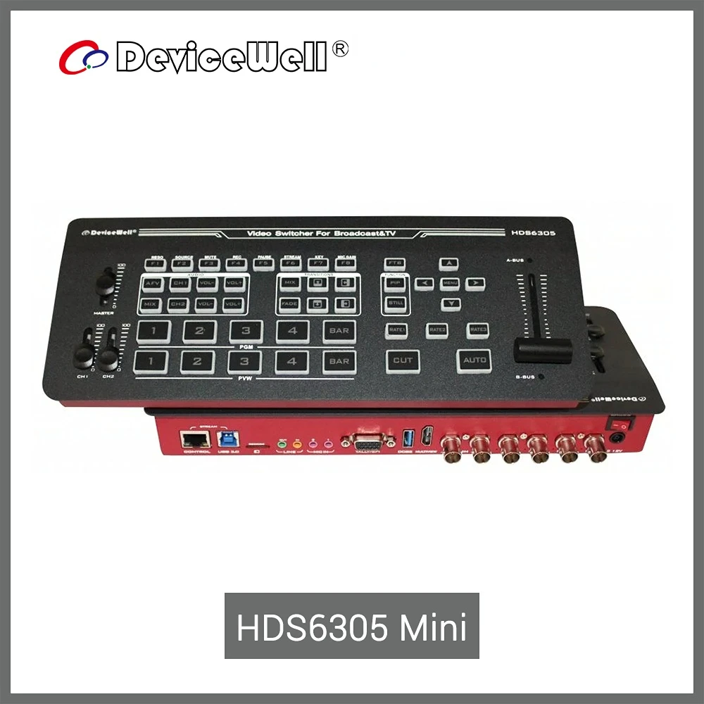 

DeviceWell HDS6305 Mini 4-CH SDI Input Rtmp Network Stream One-click Record Video Switcher For Broadcast TV Studio
