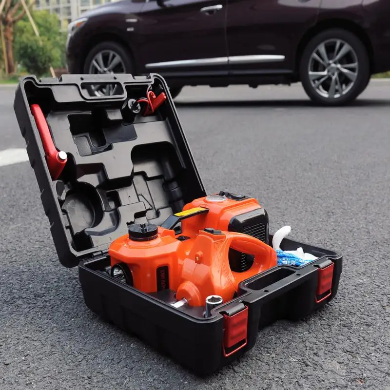12V 5T Car Jack Electric Hydraulic Jack Protable Tire Jack Electric Wrench Impact Socket Wrench Tire Inflator LED Light 4 in 1