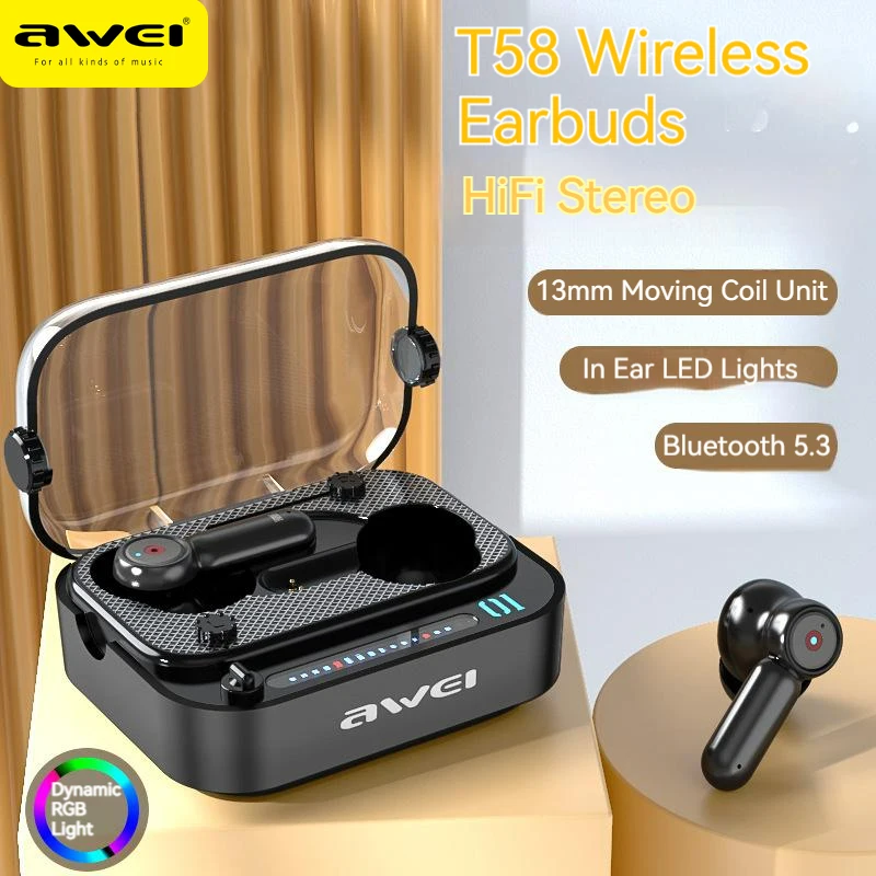 

Awei T58 Bluetooth 5.3 Wireless Headphones In Ear Earphones HiFi Bass TWS Earbuds With RGB Lighting Low Latency Gaming Headset