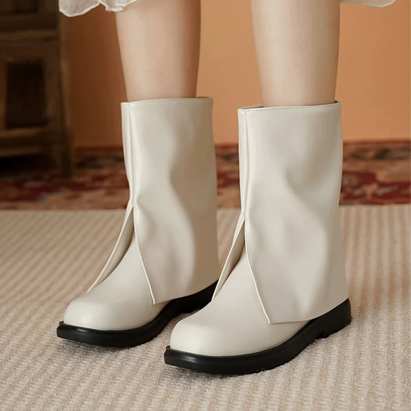 ZR DIARY Ankle Boots Women Microfiber Leather Square Toe Flat Heels Riding Boots Punk Shoes Plus Size 5595