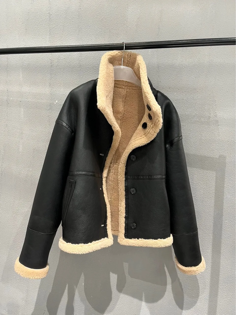 Autumn Korean Style Chic Women's High Quality Wool Fur Sheepskin Leather Casual Coat C783