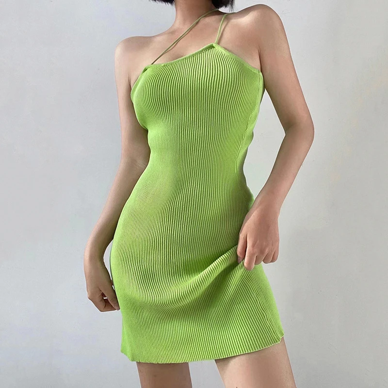

Summer Fashion Slim Sexy Plain Backless Asymmetrical Spaghetti Strap Skinny Knitted Dresses Women Girl Mini Slip Bodycon Dress