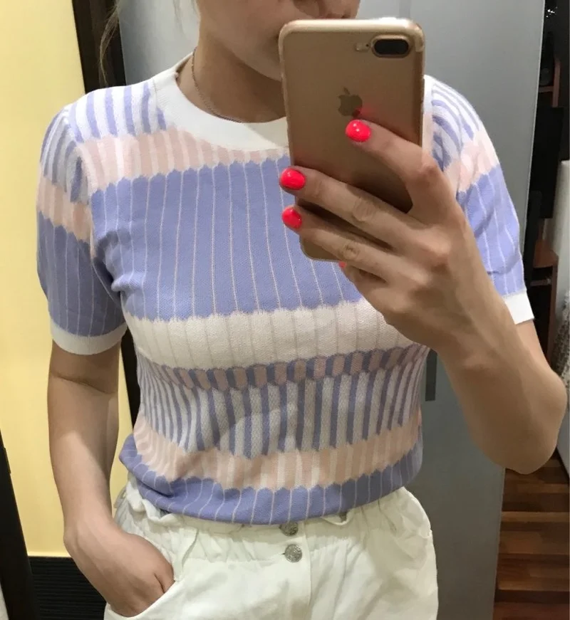 

2023 Summer Knit Stripe Tops Women Short Sleeves Ruffles O-neck Pullovers T-shirt Jumper Computer Knitted Sweaters Multicolor