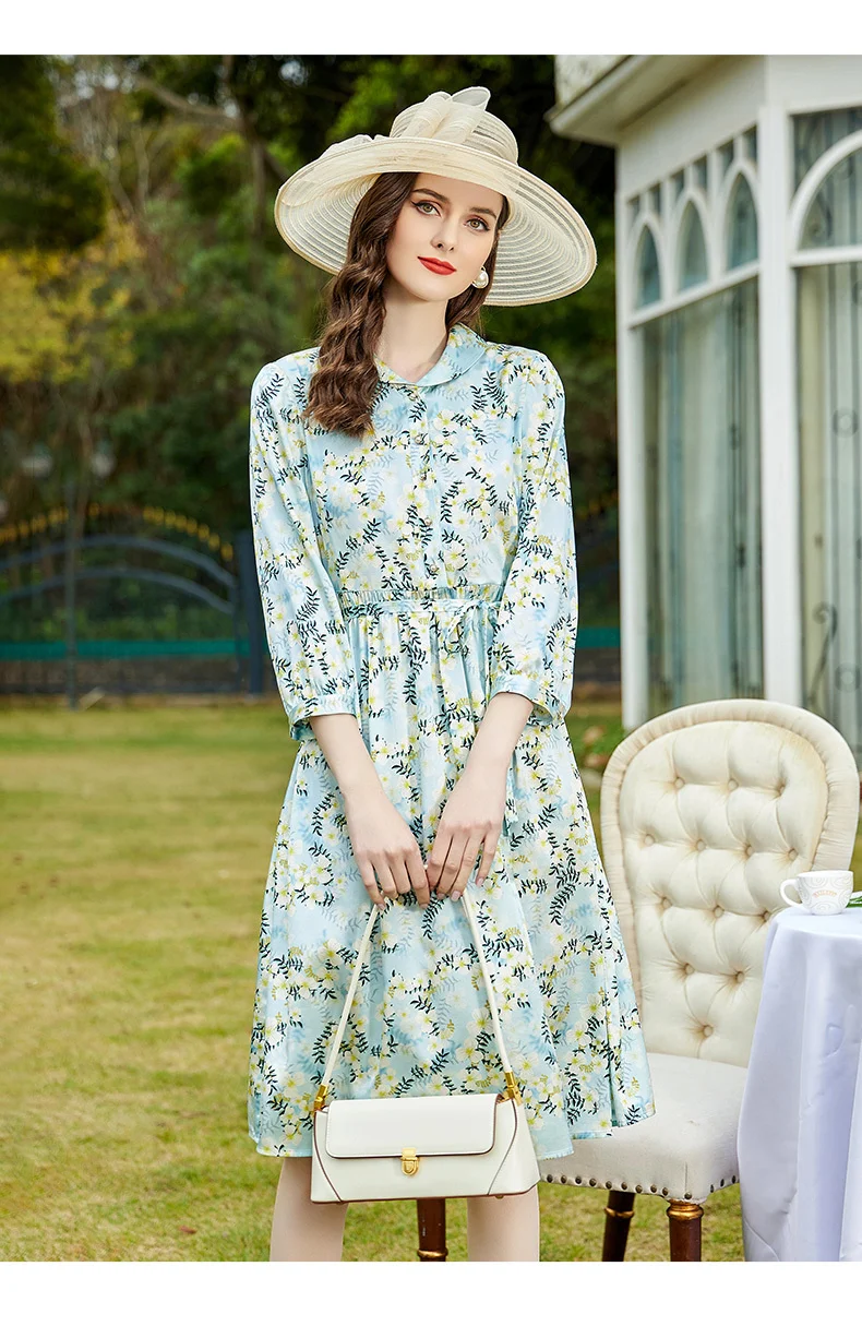 

Hot Sale new spring dress,Silk dress, medium length blue printed silk skirt lapel 9/4 sleeve