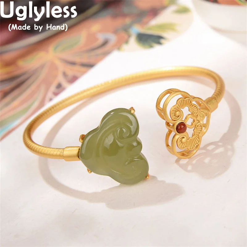 

Uglyless China Chic RUYI Eastern Charming Cultural Gifts Jewelry for Women Hotan Nephrite Jade Bangles 925 Silver Hollow Bangles