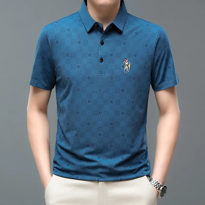 2023 New Embroidered Summer Men's Ice Polo Shirt Men's Striped Business Polo Neck Short Sleeve T-shirt Golf Top
