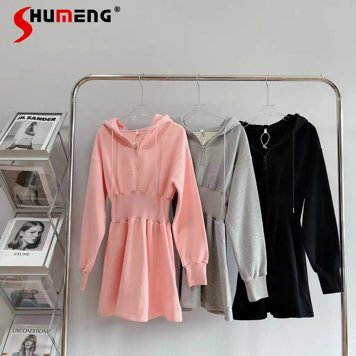

2022 Spring Woman Pink Hoodie Sport Dress Elastic Waist Hooded Long Sleeve Female Casual Sweatshirt Tunic Dress Fashion Ladies