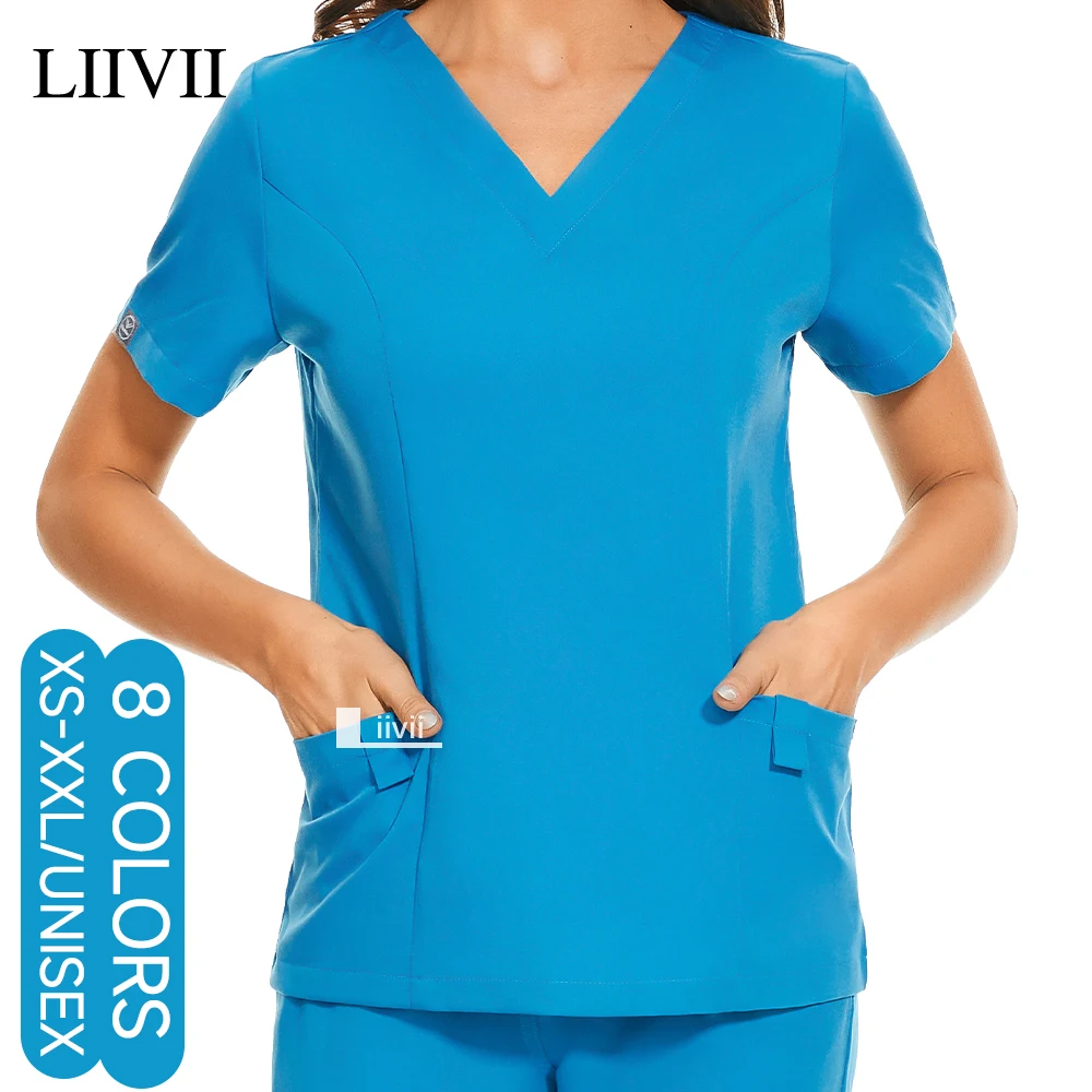 

Medical Scrub Tops Surgical Uniform Nurse Workwear Scrubs Clothes Doctor Nursing Uniform Women Men V Neck Pockets Working Shirts