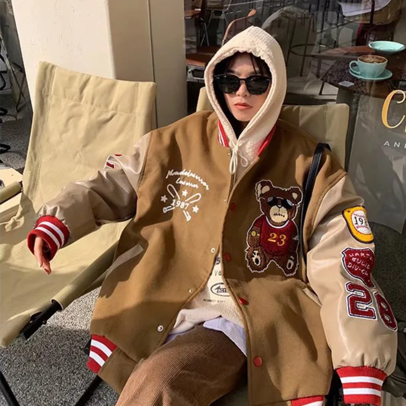 

American Retro Bear Embroidered Baseball Jacket For Couple Loose High Street Jacket New Spring Autumn Trendy Brand Cotton Coat