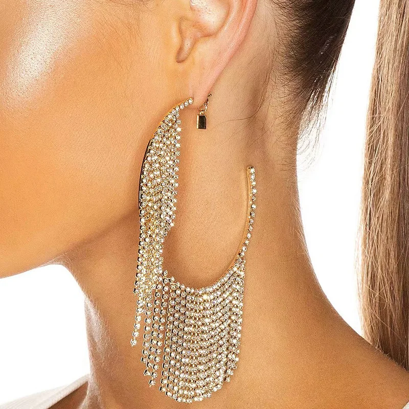 

Fashion Statement Earring Long Full Rhinestone Big Earrings for Women Euorpe Evening Party Crystal Tassel Earings Wholesale