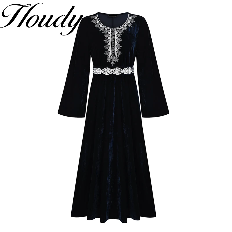 Осенне-зимнее женское вечернее платье, черное однотонное мусульманское марокканское вечернее платье, абайя, французский бархат, пояс со ст...