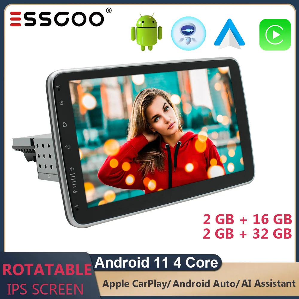 

ESSGOO 1 Din Rotatable Car Radio CarPlay Android Autoradio with 10" IPS Screen Bluetooth WiFi RDS AHD Multimedia Player Unit