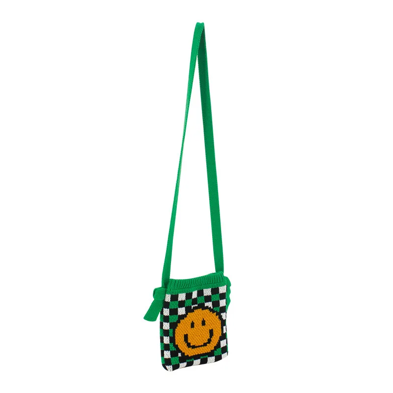 

Women's Bag Vintage Knit cartoon Lattice Phone Pouch Bags Girl Trend Fashion Weave Cute face Cartoon Sling Shoulder Wallet
