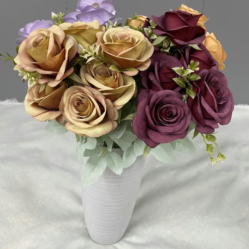 

Artificial Roses Bouquet Fake Flower Balcony Garden Room Green Plant Decoration Dutch Rose Silk Simulation Flowers Bridal Floral