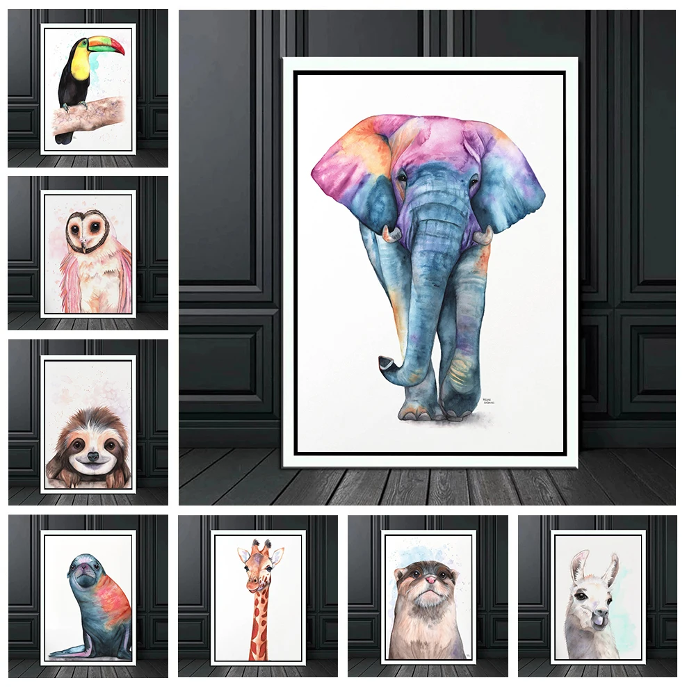

Постеры в скандинавском стиле акварельные животные слон жираф лама выдра Ленивец Картина на холсте настенные картины украшение для спальни отеля дома