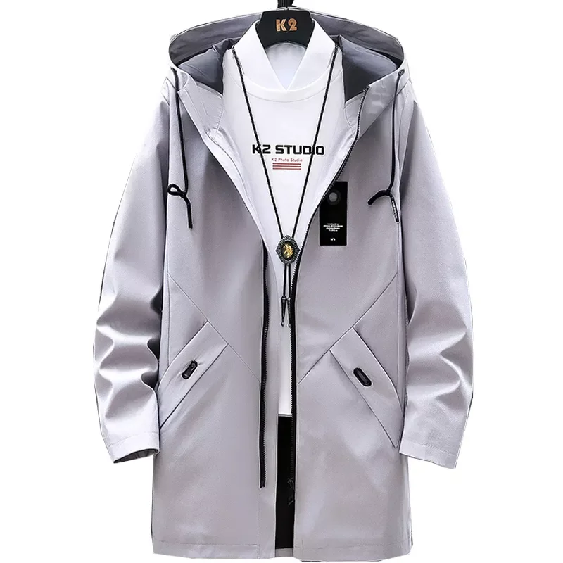 

NEW IN Brand Windbreaker Jackets Men's Autumn Casual Long Trench Coats Men Black Fashion Hooded Jacket Pocket Clothes Plus S