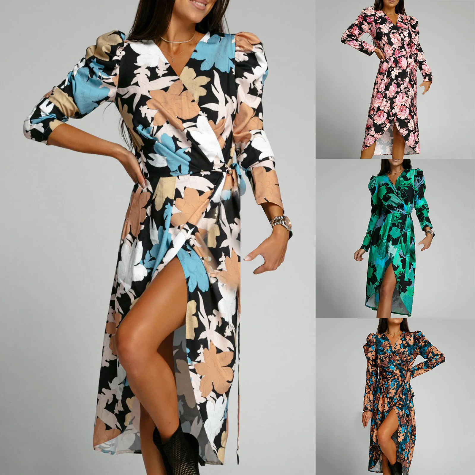 

Женское платье с цветочным принтом, V-образным вырезом и длинным рукавом