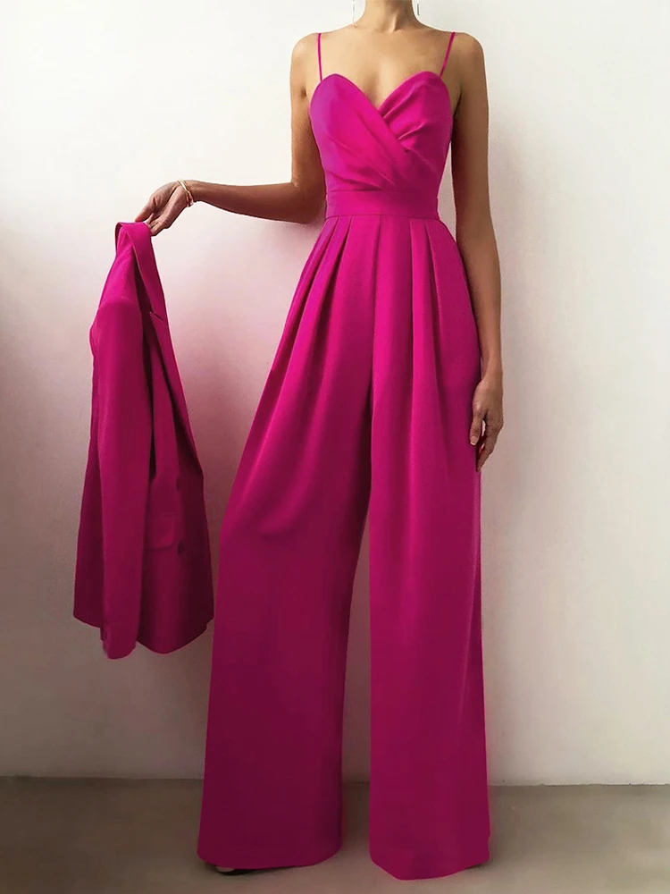 

Summer Sexy V Neck Backless Suspender Jumpsuit Elegant Pleated Solid Straight Romper Women Casual Wide Legger Playsuit Overalls