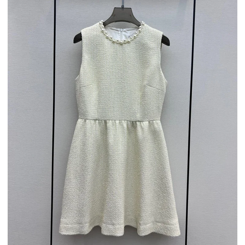 

French High Quality Sleeveless Tweed Vest Dress Women Elegant Pearl O Neck Sweet Small Fragrance Chic Party Female Dresses 1573