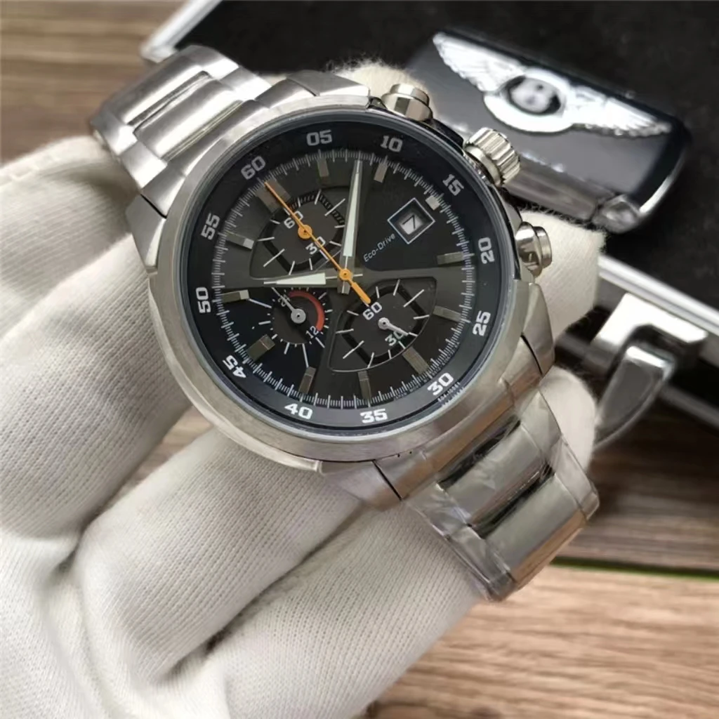 

43 мм классические модные мужские кварцевые полнофункциональные часы из нержавеющей стали с импортным японским механизмом