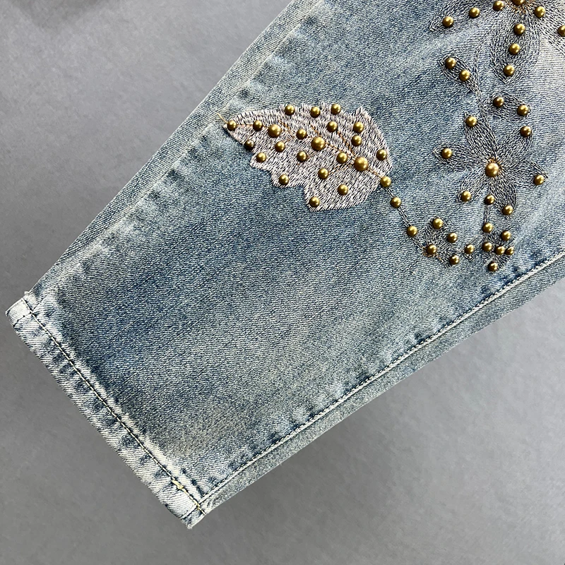 Women's Clothing Heavy Industry Diamond Embroidered Jeans 2023 Spring New Loose Slimming Printed High Waisted Jeans Female