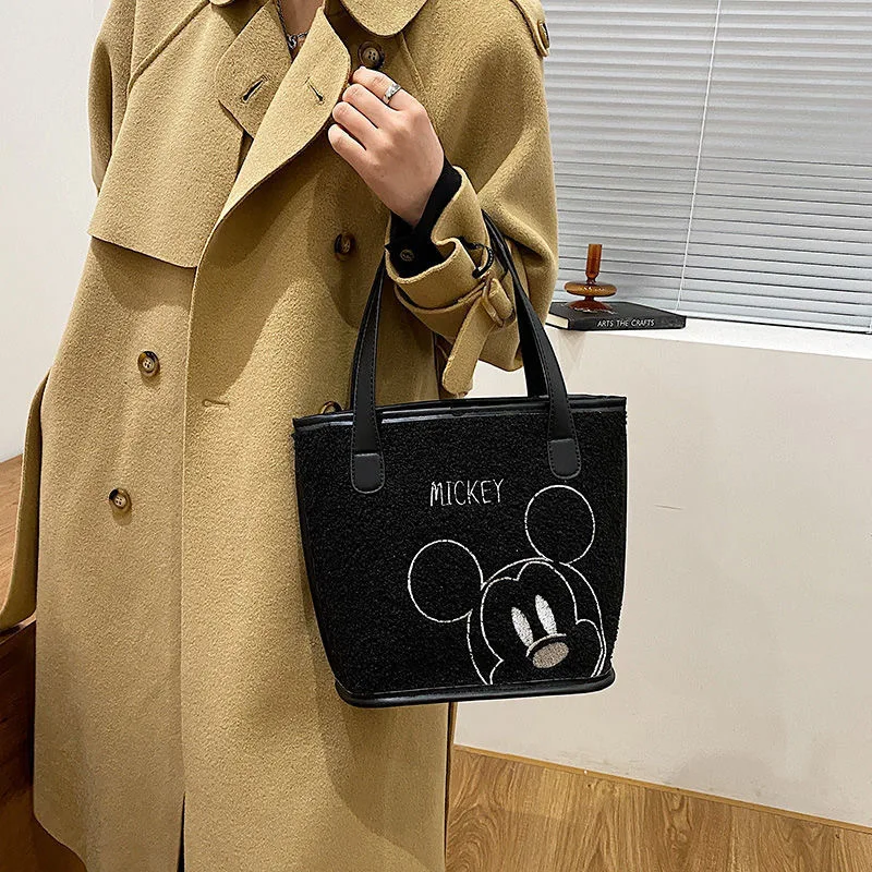 Disney Fashion High-quality Plush Bag Female New Cute Mickey Plush Hand Bag Large-capacity Lamb Wool Shoulder Bucket Bag