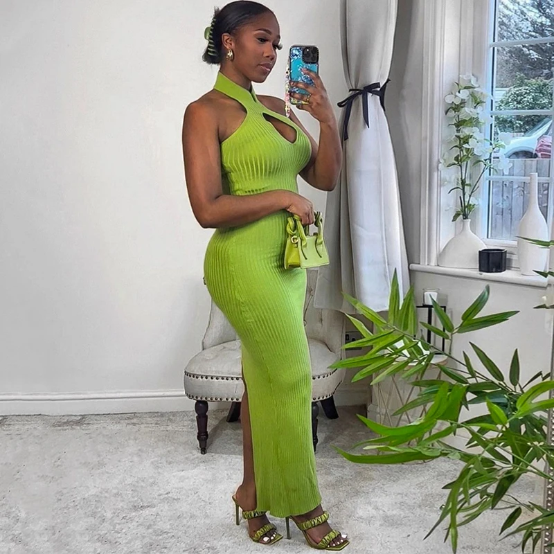 

Chic Women Hollow Out Slim Fit Split Long Dress Elegant Lady Party Night Backless Bodycon Dress Birthday Club Evening Outfits