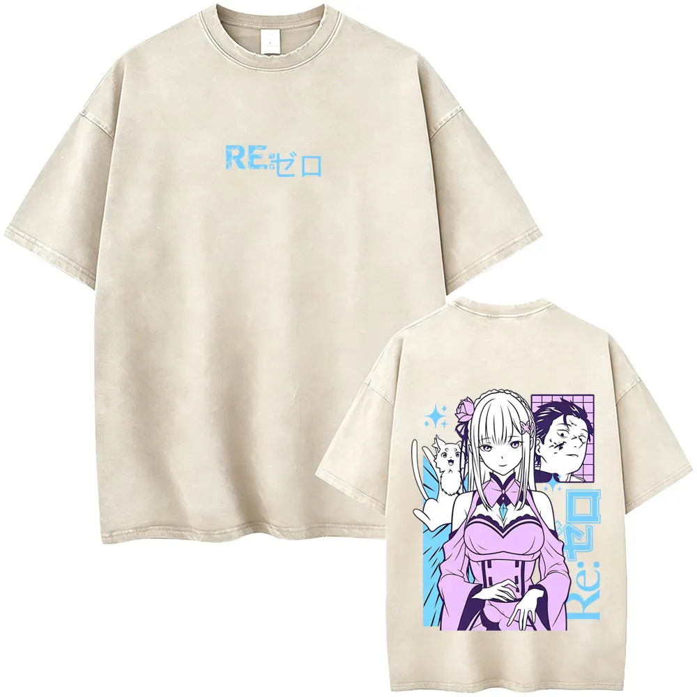 Фото Винтажная футболка с принтом аниме Re:ZERO - Жизнь в другом мире, с изображением Субару, Нацуки, Эмилии, унисекс, оверсайз №4