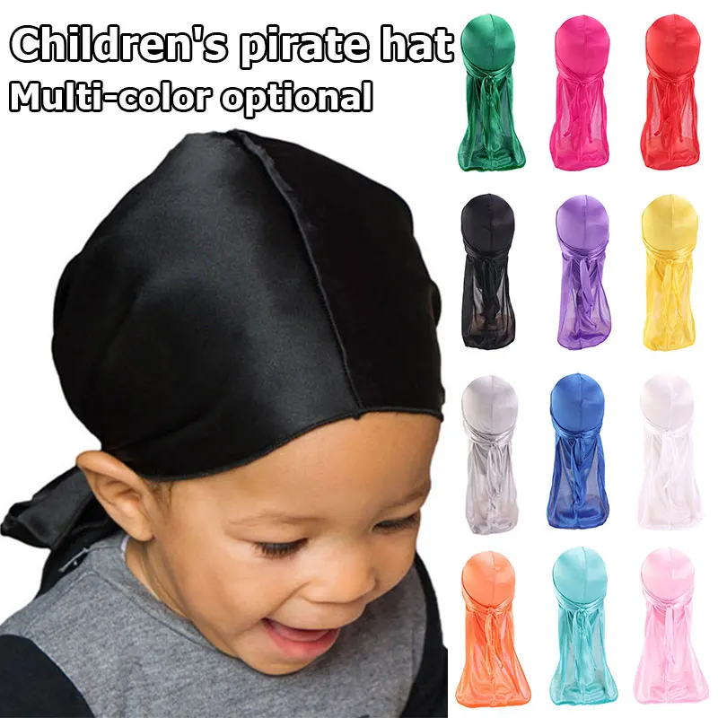 

Silky Durag For Kids Boys Long Tailed Pirate Hat Hip-Hop Bandanas Doo Rag Turban Children's Waves Cap Headwear Hair Accessories