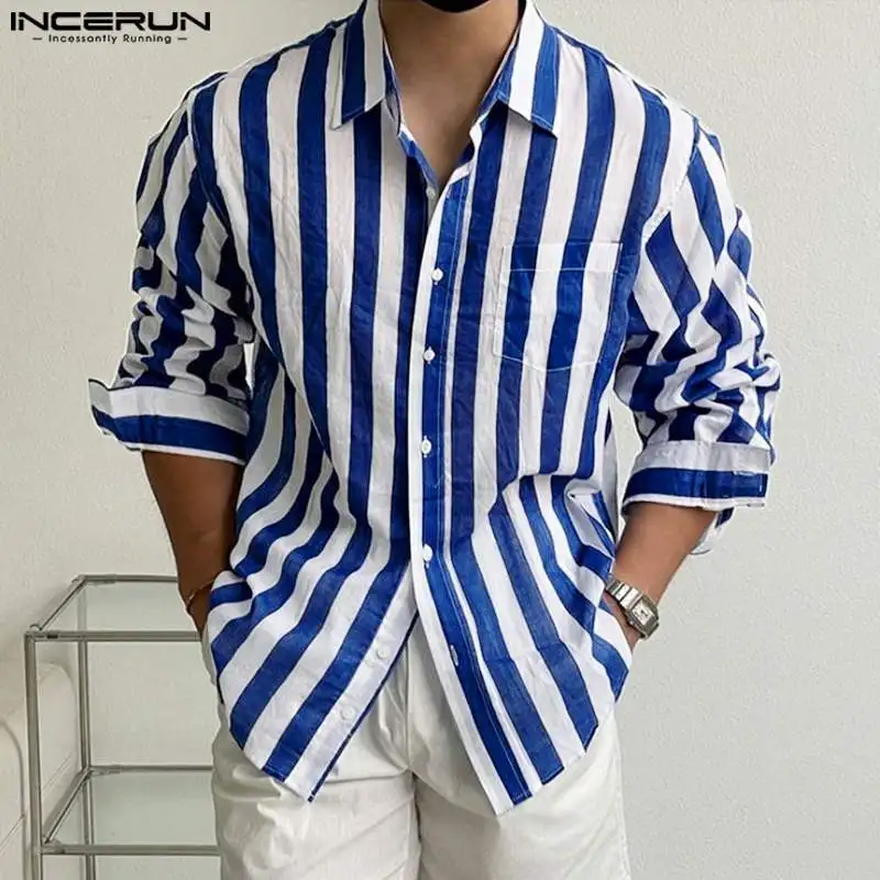 

INCERUN Tops 2023 Korean Style Men Striped Loose Blouse Casual Well Fitting Male Hot Sale Long Sleeved Lapel Button Shirts S-5XL