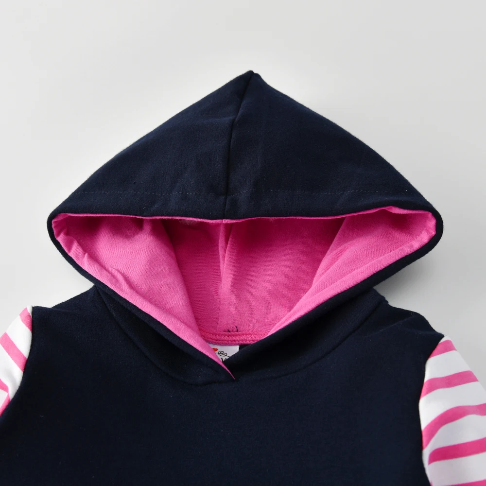 DXTON Girls Autumn Spring Long Sleeve Clothes Kids Rainbow Unicorn Cartoon Appliqued Hooded Dress Children Casual Cotton Dresses