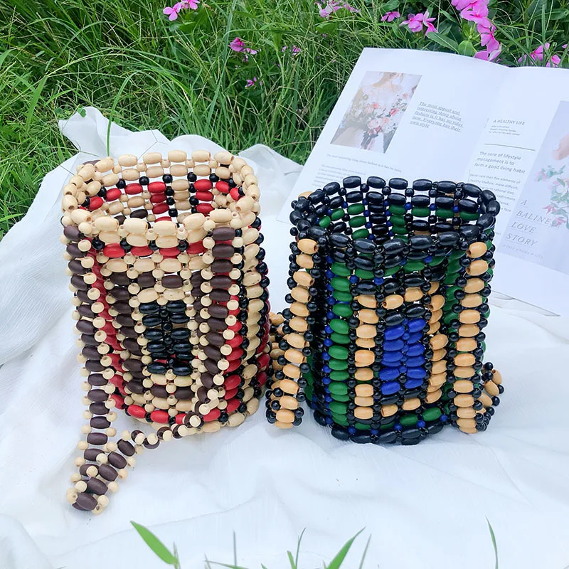 Hand Woven Wooden Bead Bucket Bag for Women Summer New Color Contrast Hollow Out Shoulder Bag Bohemian Travel Small Tote Bag