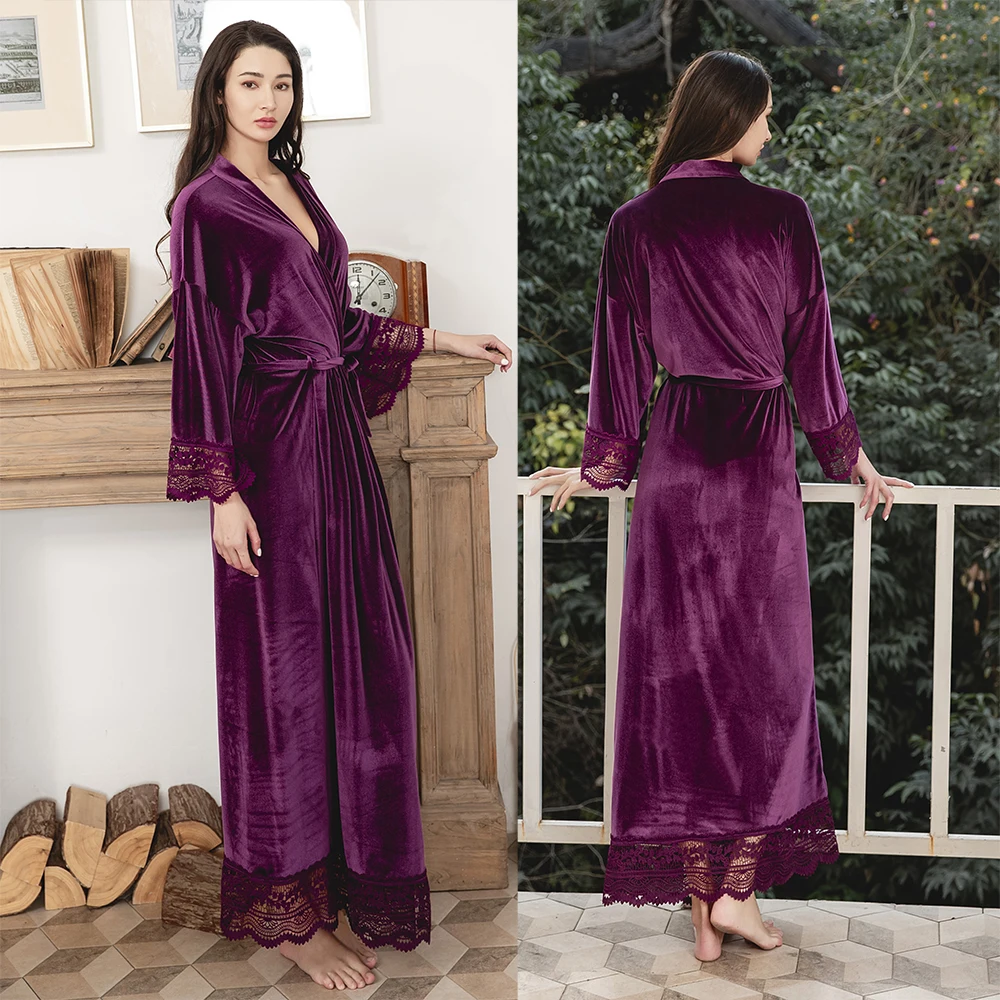 Long Solid Velvet Robe Bridal Robe Bridesmaid Robes Lace Trim Wedding Robe Sleepwear Bathrobe Dressing Long Gowns Length 130cm