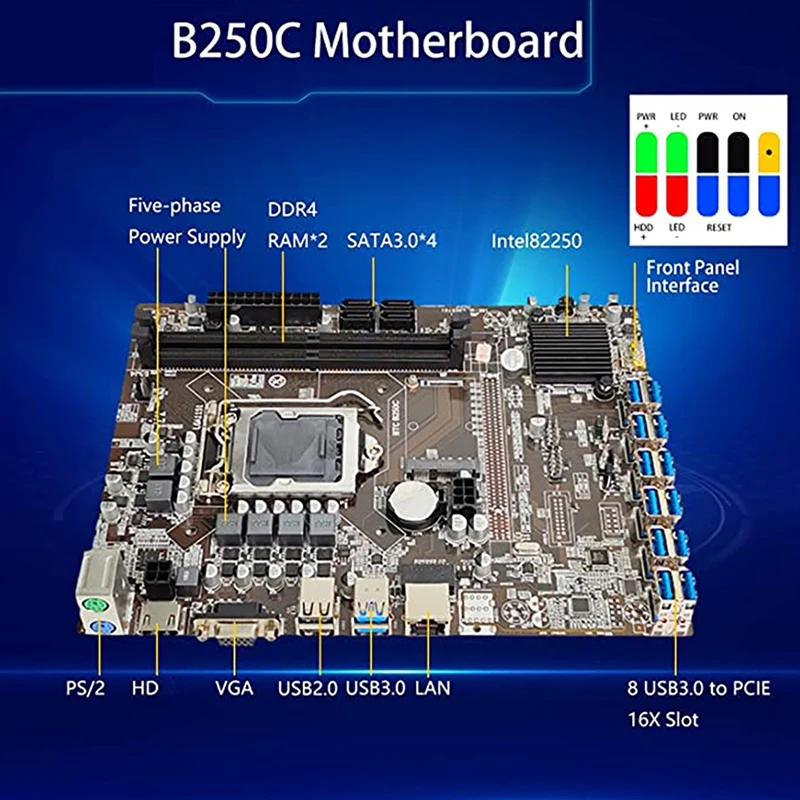 B250C 12 Card BTC Mining Motherboard With 1M USB Extension Cable 12XUSB3.0 To PICE X1 GPU Slot LGA1151 DDR4 RAM MSATA