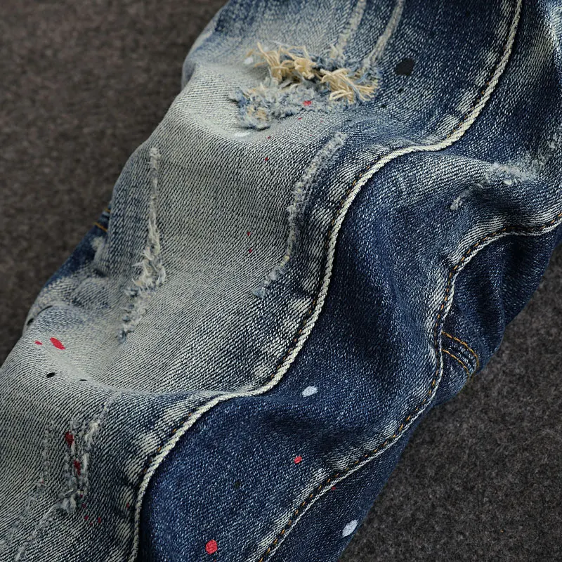 Уличные модные мужские джинсы в стиле ретро потертые синие Стрейчевые зауженные