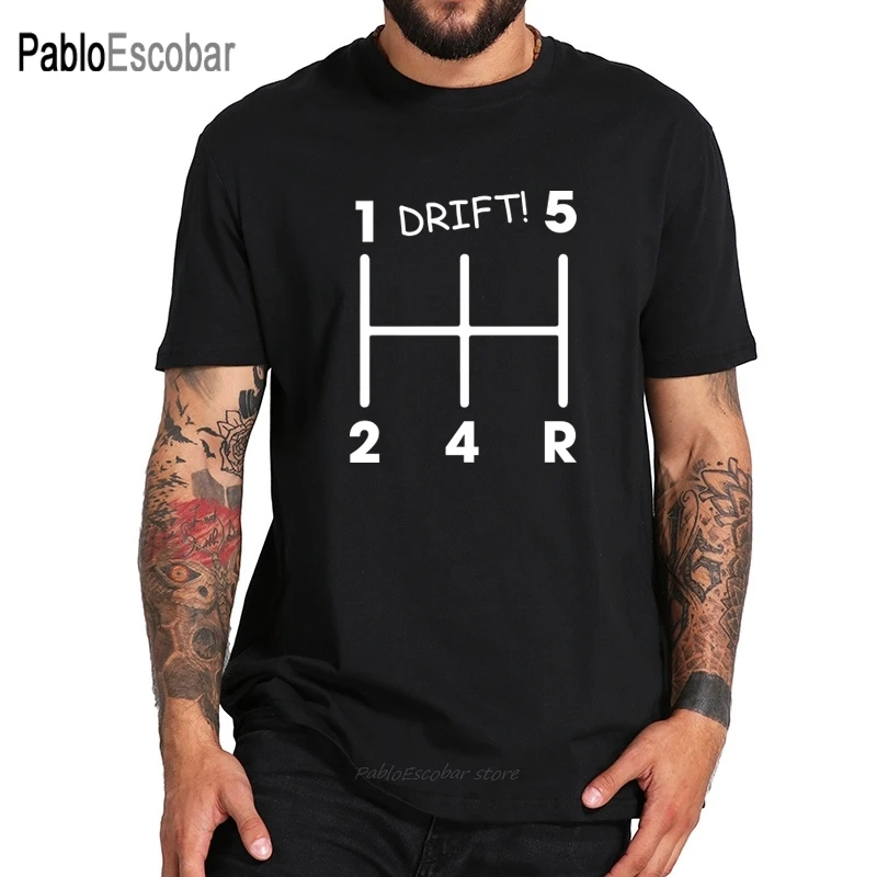 

EU Size 100% Cotton Manual Gear Pattern Drift Car Print Comfortable Short Sleeved Black Fitness Tshirt