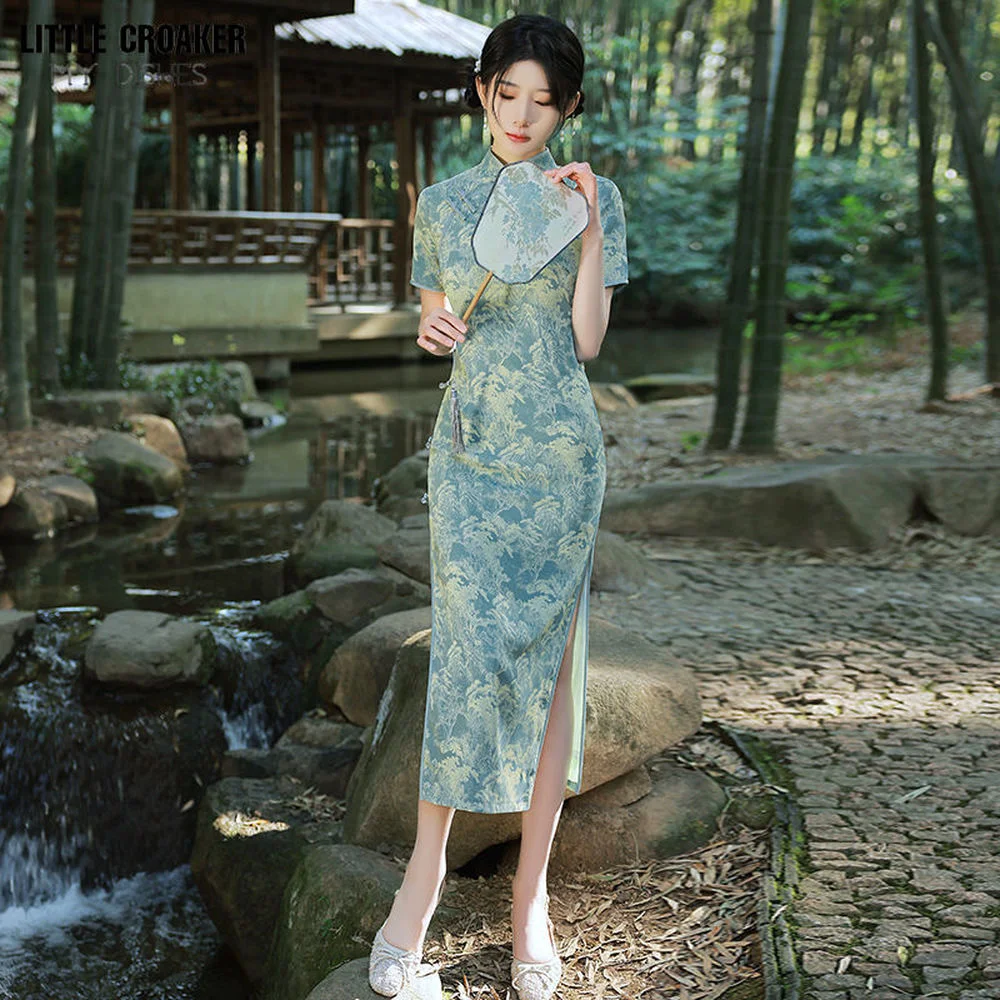 

Robe Orientale 2022 New Jacquard Long Cheongsam Dress Improved Traditional Chinese Qipao Green Yellow Lace Evening Dresses